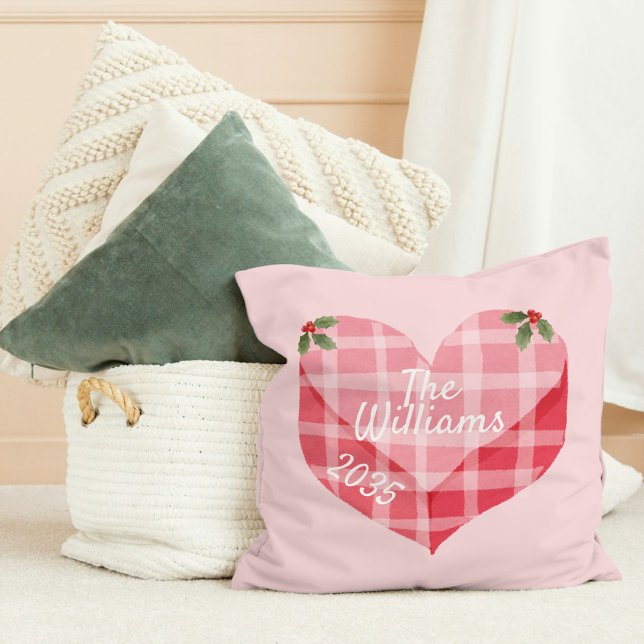 Cute Rosa Heart Gingham Anpassningsbar Photo jul Kudde (Skapare uppladdad)