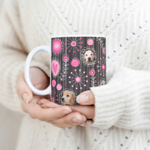 Cute Rosa Heart och Flower Hund Photo Collage Kaffemugg
