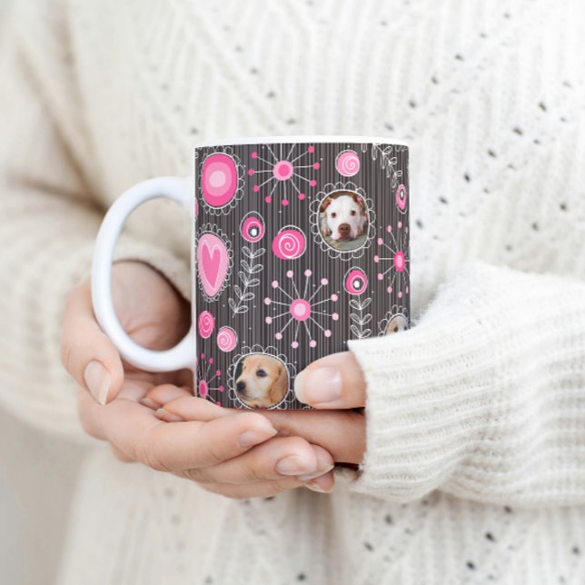 Cute Rosa Heart och Flower Hund Photo Collage Kaffemugg (Skapare uppladdad)