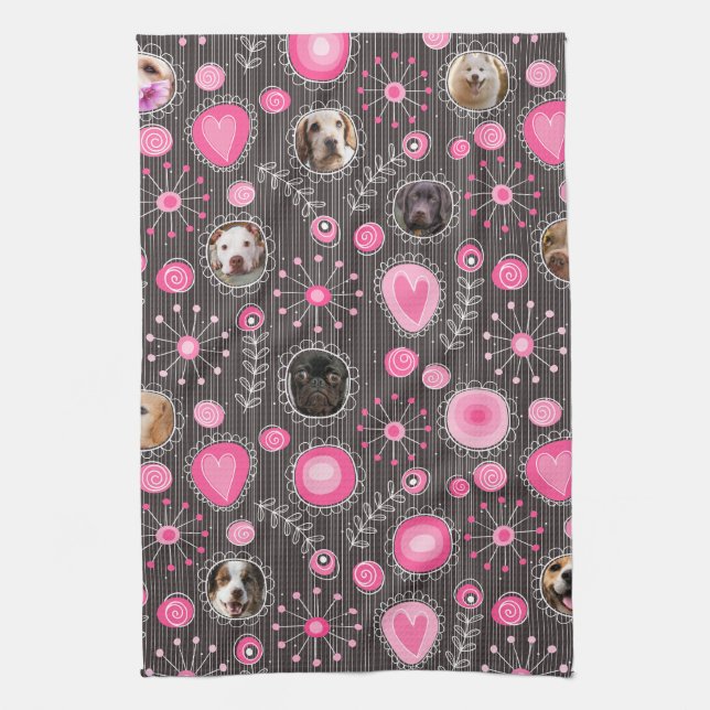 Cute Rosa Heart och Flower Hund Photo Collage Kökshandduk (Vertikal)