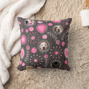 Cute Rosa Heart och Flower Hund Photo Collage Kudde