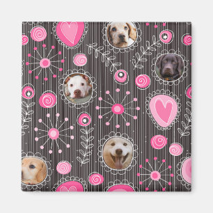 Cute Rosa Heart och Flower Hund Photo Collage Magnet