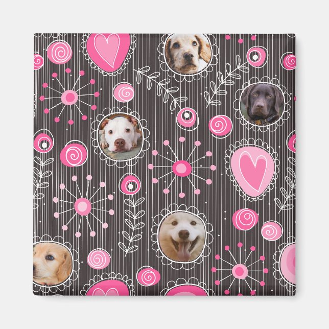 Cute Rosa Heart och Flower Hund Photo Collage Magnet (Framsidan)