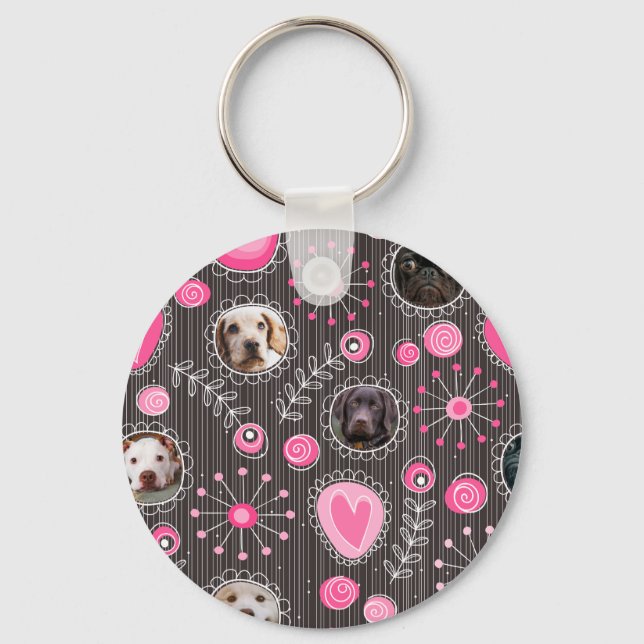 Cute Rosa Heart och Flower Hund Photo Collage Nyckelring (Baksida)