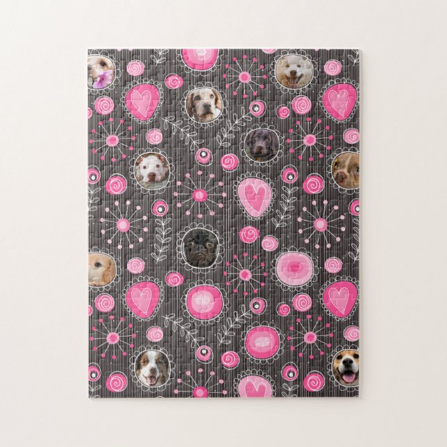 Cute Rosa Heart och Flower Hund Photo Collage Pussel (Vertikal)