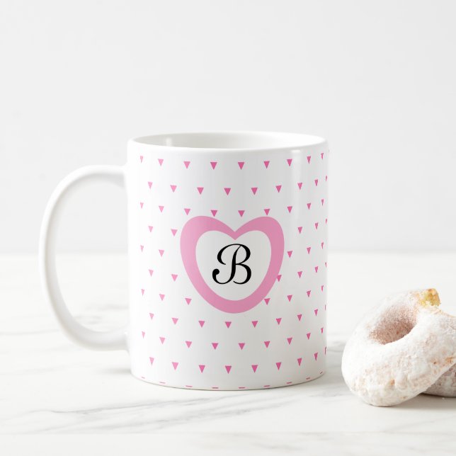 Cute Rosa Heart och Triangle Confetti Initial Kaffemugg (Med munk)