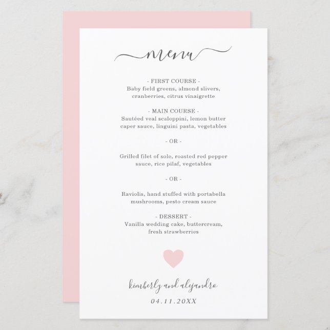 Cute Rosa Heart Simple Bröllop Menu (Fram/baksida)