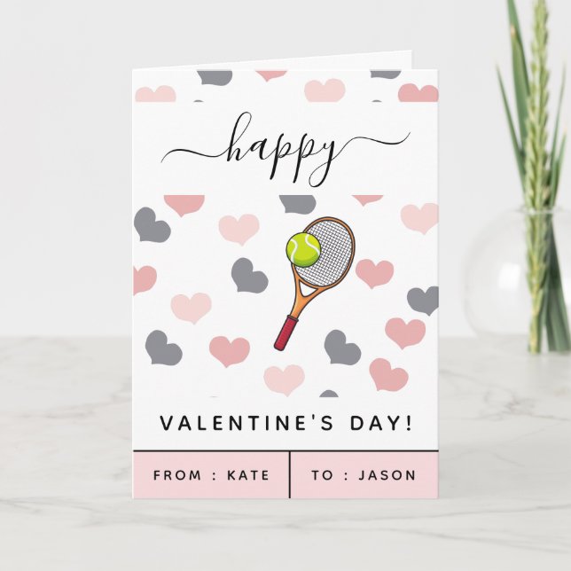 Cute Rosa Heart & Tennis Racket Mönster Valentine Helgkort (Framsida)