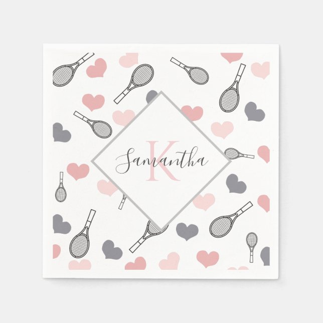 Cute Rosa Hearts and Tennis Rackets Mönster Sports Pappersservett (Framsidan)
