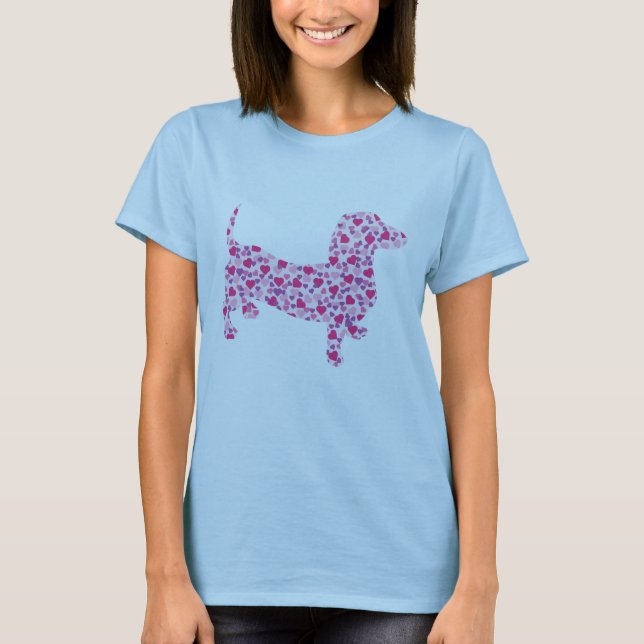 Cute Rosa Hearts Dachsund Tee Shirt (Framsida)
