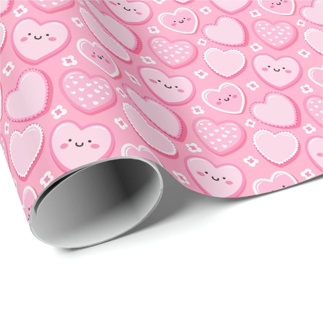 Cute Rosa Hearts Girl Girl Födelsedagsfest Presentpapper (Rullad Hörn)