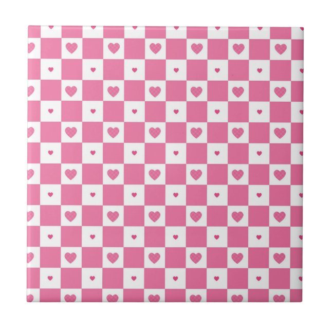 Cute Rosa Hearts Girly Rosa White Checker Mönster Kakelplatta (Framsidan)