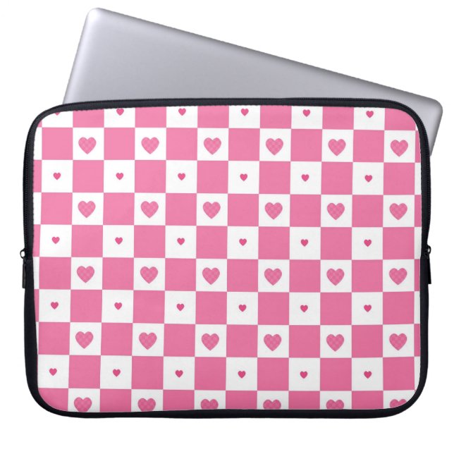 Cute Rosa Hearts Girly Rosa White Checker Mönster Laptop Sleeve (Framsidan)