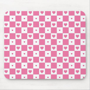 Cute Rosa Hearts Girly Rosa White Checker Mönster Musmatta
