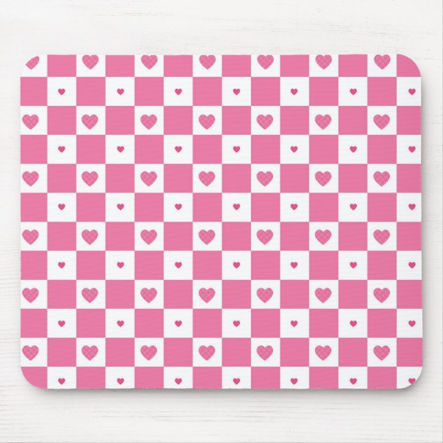 Cute Rosa Hearts Girly Rosa White Checker Mönster Musmatta (Framsidan)