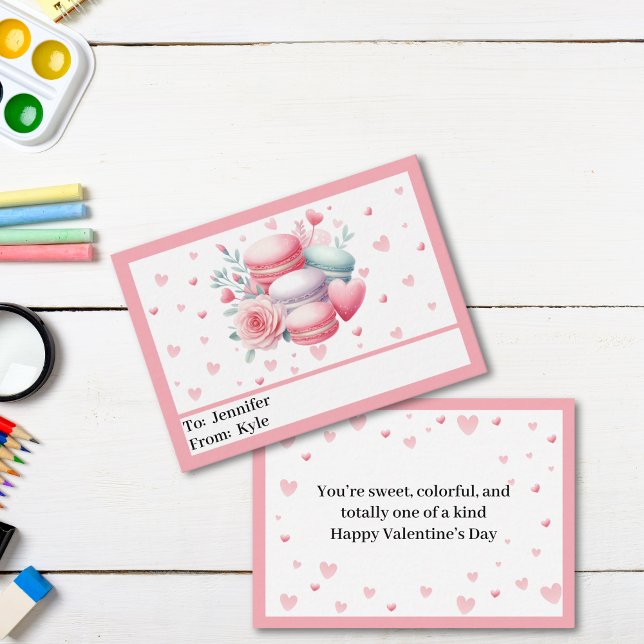 Cute Rosa Hearts och Macaron Mini Valentine Day Anteckningskort (Cute Pink Child’s Mini Valentine)