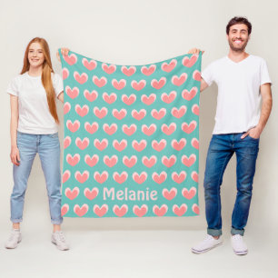 Cute Rosa Hearts och Teal Mönster Personlig Fleecefilt