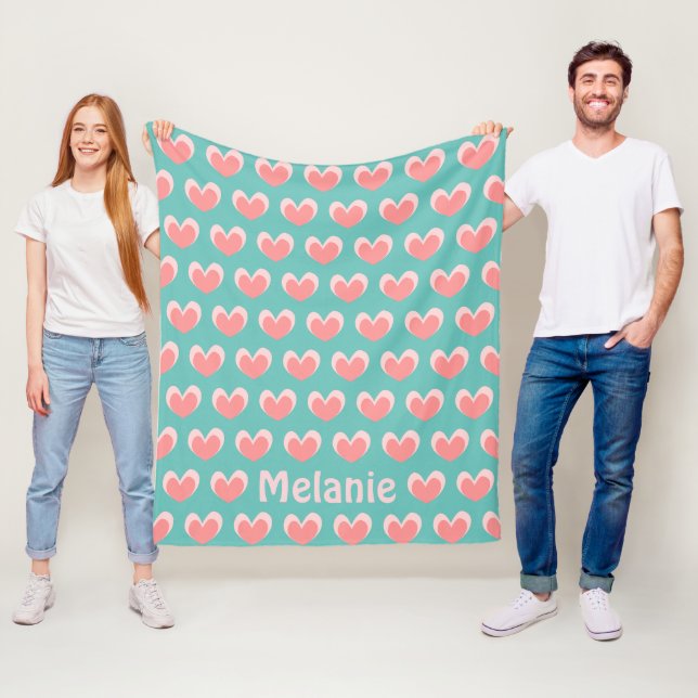 Cute Rosa Hearts och Teal Mönster Personlig Fleecefilt (På plats)