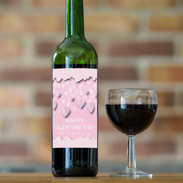 Cute Rosa Hearts on Strings & Clouds Valentine Vinflaska Etikett (Skapare uppladdad)