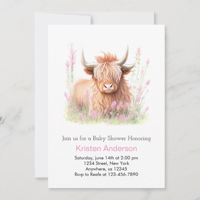 Cute Rosa Highland Cow Wildblomma Baby Shower Inbjudningar (Framsida)