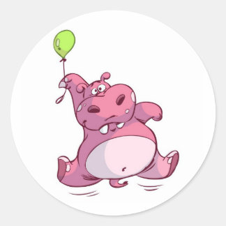 CUTE ROSA HIPPO PÅ BALLOON RUNT KLISTERMÄRKE
