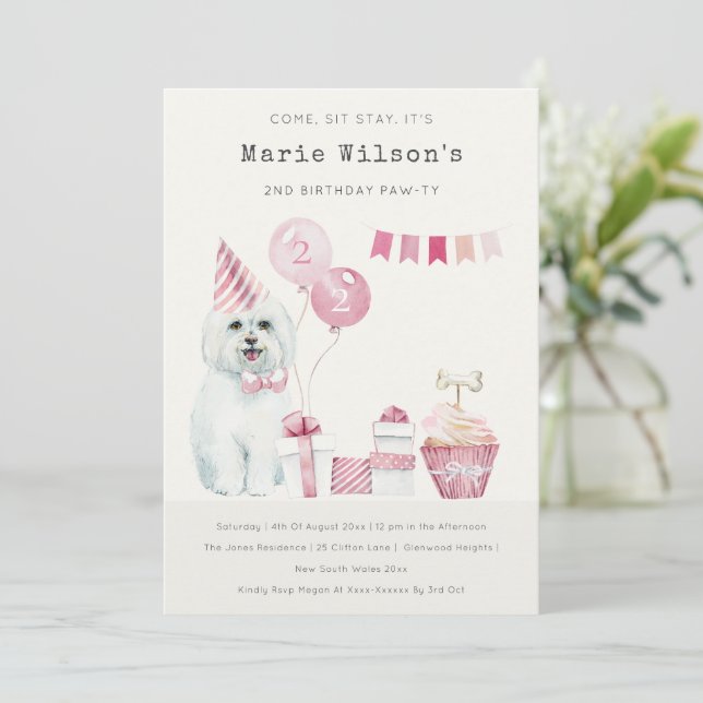 Cute Rosa Hund oavsett Födelsedagsfest Inbjudan (Stående Fram)