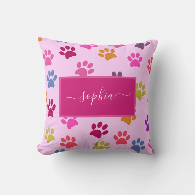 Cute Rosa Hund och Cat Lovers Tass avtryck Namn Kudde (Framsida)