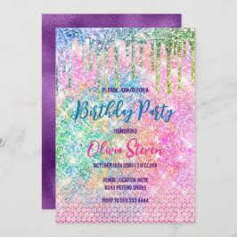 Cute rosa iridescent unicorn faux glitter monogram inbjudningar