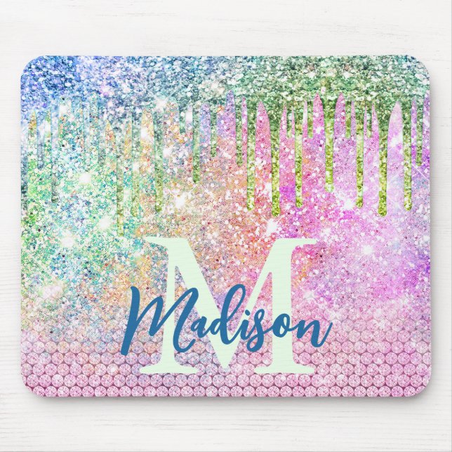 Cute rosa iridescent unicorn faux glitter monogram musmatta (Framsidan)