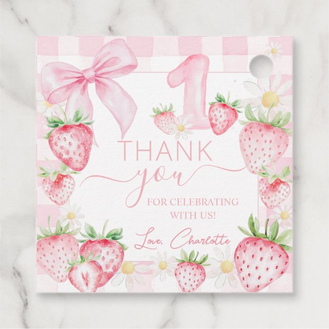 Cute Rosa Jordgubbar Berry Första födelsedag Gåvor Etiketter (Baksida)