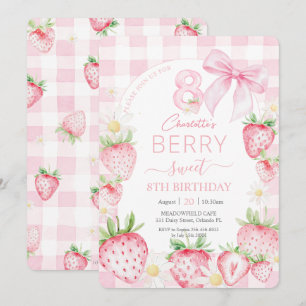 Cute Rosa Jordgubbar Berry Sweet 8th Birth Day Inbjudningar