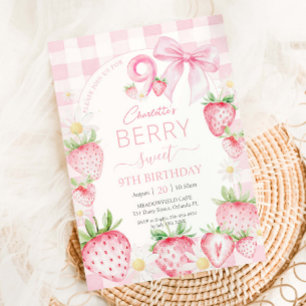 Cute Rosa Jordgubbar Berry Sweet 9:e födelsedagen Inbjudningar