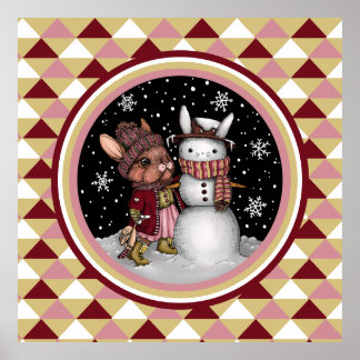 Cute Rosa Jul Snö Bunny Rabbit Illustration Poster