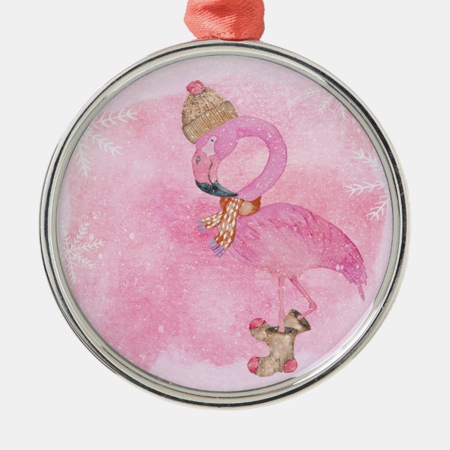 Cute Rosa jul Vinter Flamingo Bird Julgransprydnad Metall (Framsidan)