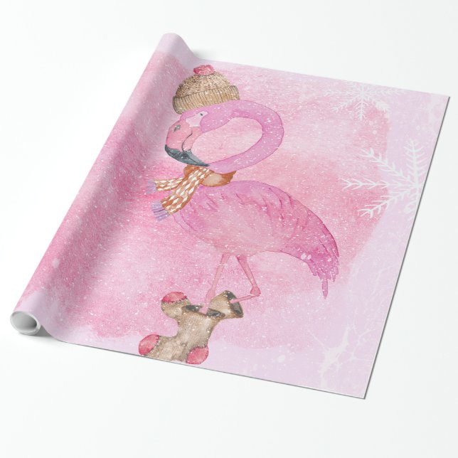 Cute Rosa jul Vinter Flamingo Bird Presentpapper (Utrullad)