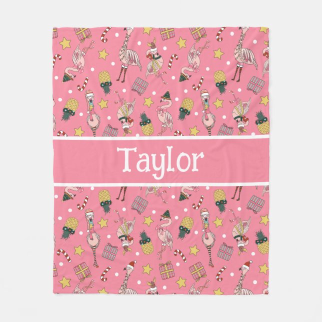 Cute Rosa Julflamingo och ananas Mönster Fleecefilt (Framsidan)