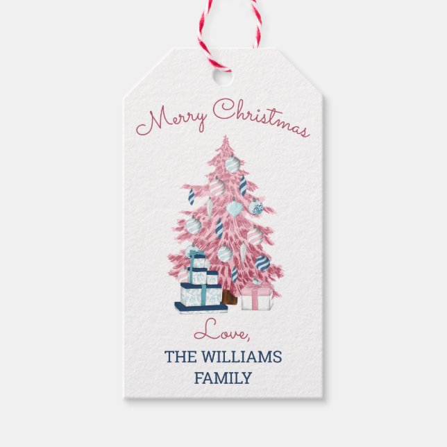 Cute Rosa Julgran Retro Helgdag Presentetikett (Framsidan)