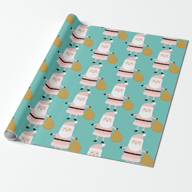 Cute Rosa jultomten Whimsical Mönster Teal Presentpapper (Utrullad)