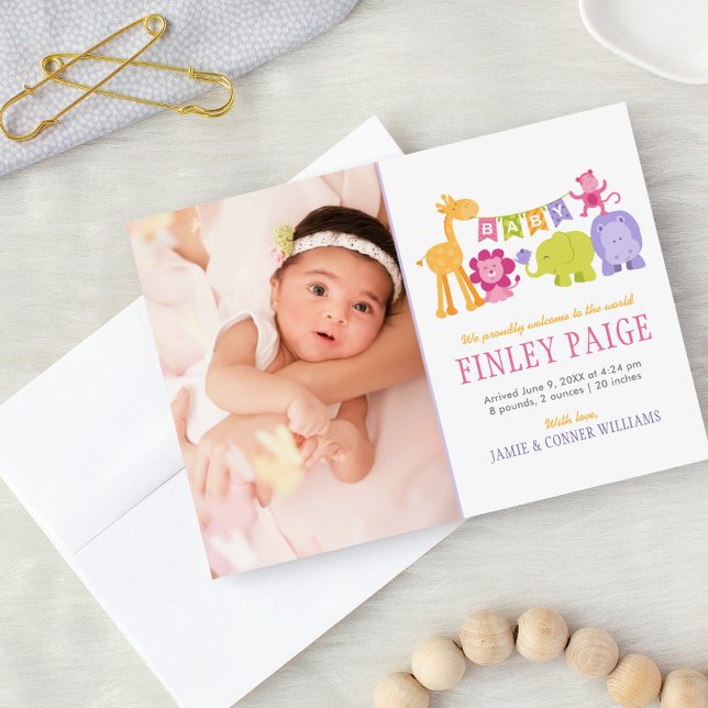 Cute Rosa Jungle Animals Flicka Photo Birth Meddelande (Skapare uppladdad)