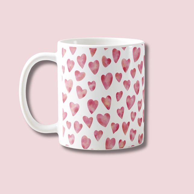 Cute Rosa Kärlek Heart Mönster Kaffemugg (Pink watercolor love heart coffee mug)