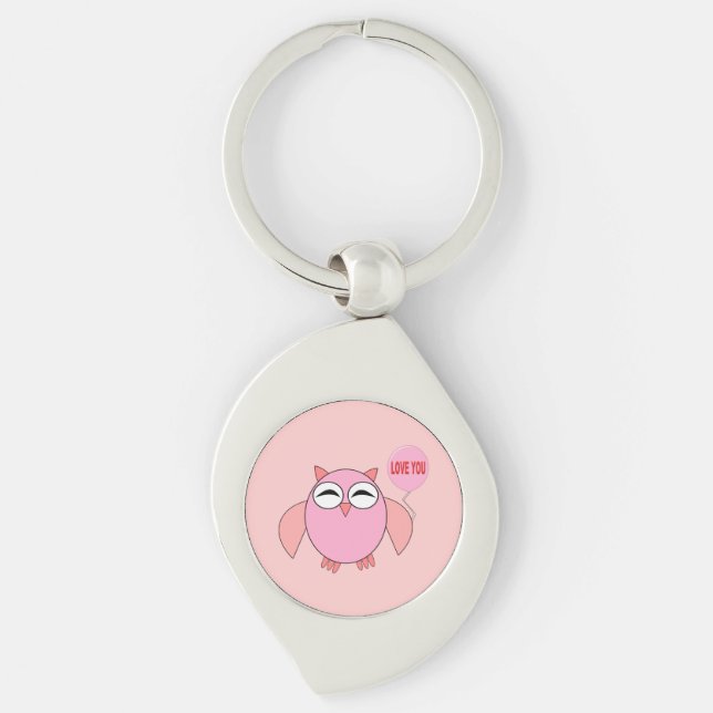 Cute Rosa Kärlek You Uggla Keychain Swirl Silverfärgad Nyckelring (Framsidan)