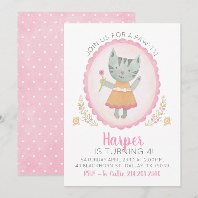 Cute Rosa Kattunge Girl Birthday Bjud Inbjudningar (Fram/baksida)
