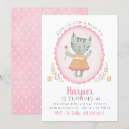 Cute Rosa Kattunge Girl Birthday Bjud Inbjudningar