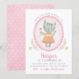 Cute Rosa Kattunge Girl Birthday Bjud Inbjudningar