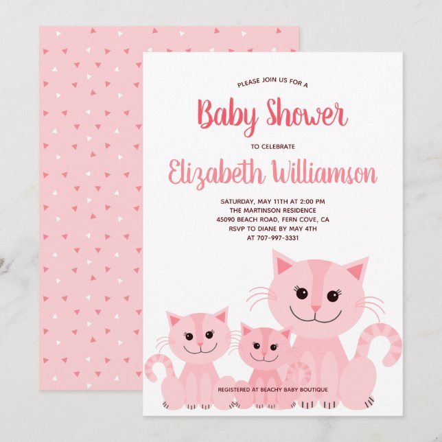 Cute Rosa Kattunge Kitten Girl Modern Baby Shower Inbjudningar (Fram/baksida)