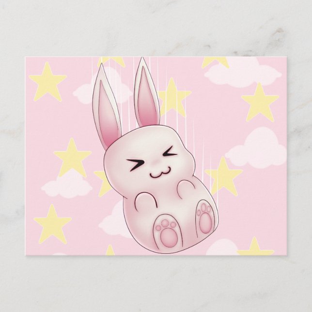 Cute rosa Kawaii Bunny-kanin som faller från stjär Vykort (Framsida)