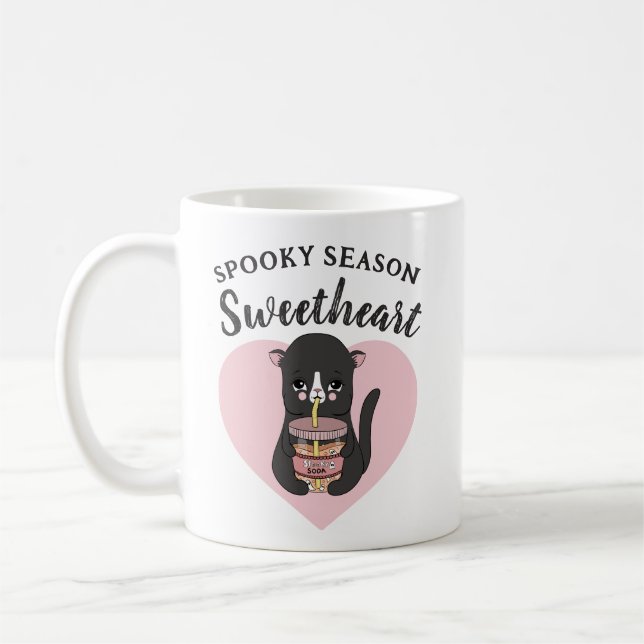 Cute Rosa Kawaii Cat Spooky Season Sölung Kaffemugg (Vänster)