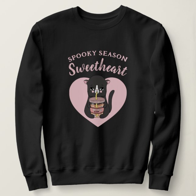 Cute Rosa Kawaii Cat Spooky Season Sölung T Shirt (Design framsida)