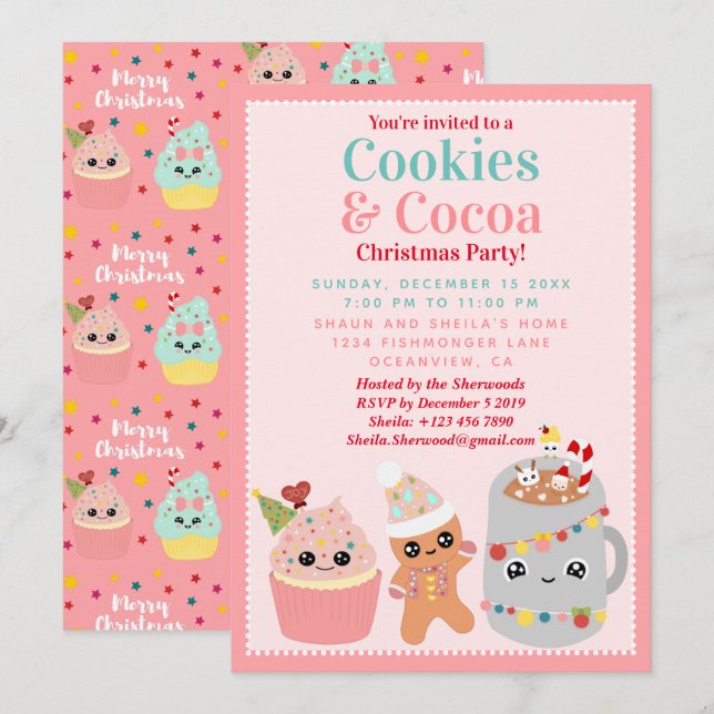 Cute Rosa Kawaii Cookies och Kakaojulen Party Inbjudningar (Fram/baksida)