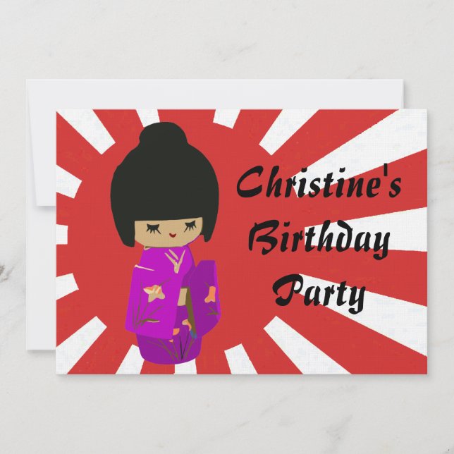 Cute Rosa Kawaii Kokeshi Doll på stigning sol Inbjudningar (Framsida)